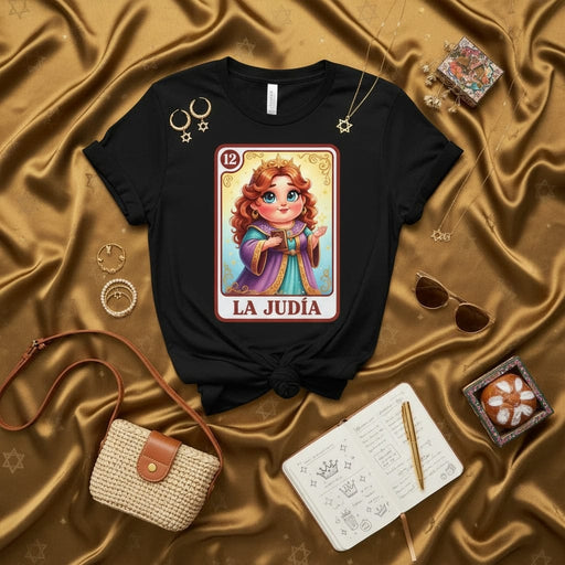 LA JUDÍA La Lotería Card T-Shirt Queen of Israel Jewish Princess Apparel Gift Unisex Tee with Star of David Jewelry Accessories and Crown Design Number 12 Mexicada