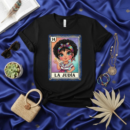 LA JUDÍA Lotería Card 14 T-Shirt, Cute Afro Curly Hair Girl Graphic Tee, Mexican Bingo Game Inspired Unisex Shirt, Traditional Latin Culture Gift Apparel Mexicada