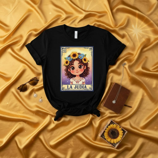 La Judía Loteria Card T-Shirt, Cute Cartoon Girl with Sunflower Crown, Mexican Bingo Game Art, Unisex Graphic Tee Shirt Gift Mexicada