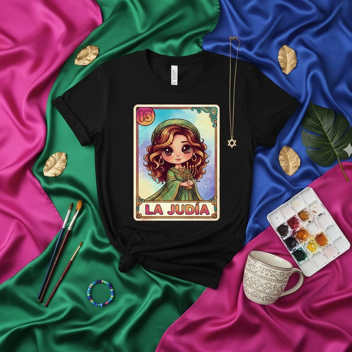 LA JUDÍA Loteria Card T-Shirt, Cute Jewish Girl Holding Menorah, Funny Hanukkah Gift Tee, Unisex Graphic Shirt Design Mexicada