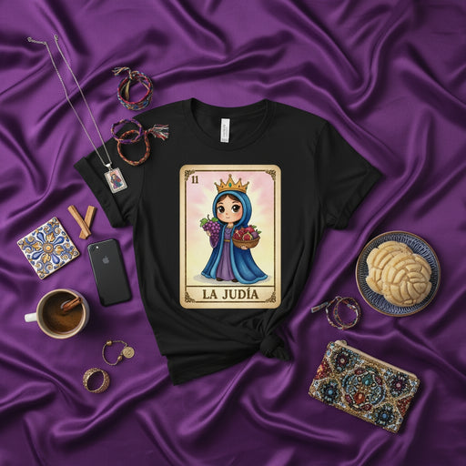 LA JUDÍA Lotería Card T-Shirt, Cute Queen Character with Grapes and Crown, Mexican Bingo Style Graphic Tee, Unisex Gift for Her Mexicada