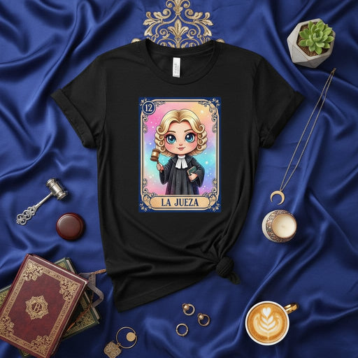 LA JUEZA Cute Chibi Judge La Lotería Card Unisex T-Shirt - Feminine Tarot Style Design for Lawyers and Law Students with Gavel and Robe Mexicada
