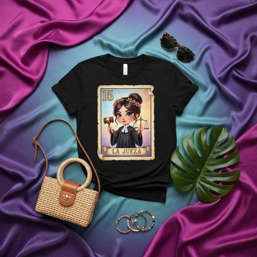 LA JUEZA Cute Kawaii Loteria Card 15 Judge Justice Cartoon T-Shirt, Mexican Bingo Game Lover Gift, Funny Hispanic Culture Graphic Tee, Women's Empowerment Shirt, Latina Lawyer Apparel, Short Sleeve Unisex Top Mexicada