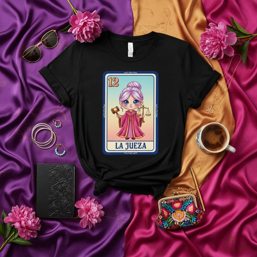 LA JUEZA Cute Kawaii Loteria Card T-Shirt Unisex Justice Themed Tarot Inspired Design with Lady Judge Wearing Pink Robe and Holding Scales and Gavel Mexicada