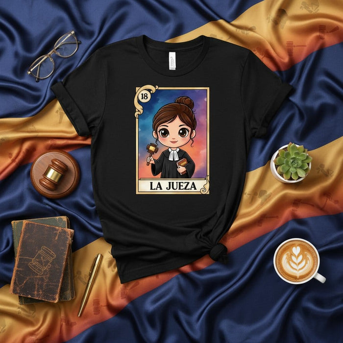 LA JUEZA Women's Judge Loteria Card T-Shirt, Cute La Jueza Legal Professional Graphic Tee, Number 18 Justice System Career Shirt, Lawyer Attorney Gift Idea, Unisex Black Short-Sleeve Top Mexicada