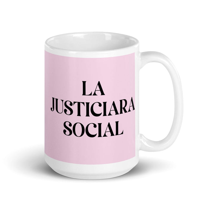 La Justiciara Social The Social Justice Advocate Funny Home Office Work Coffee Mug Mexican Spanish Pride Gift White Glossy Cup Light Pink Card Mug Mexicada 15 oz