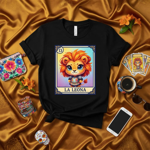 La Leona Cute Lion Cub Loteria Card T-Shirt, Mexican Bingo Game Day of the Dead Dia de Muertos Gift, Kawaii Lioness Armor Design Unisex Tee Mexicada