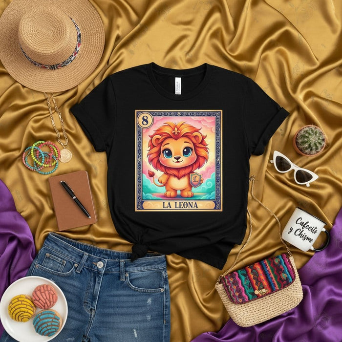 LA LEONA Cute Lion La Lotería Card 8 Graphic Tee Unisex Shirt Hispanic Heritage Month Gift Idea for Latina Women, Mexican Bingo Game Lover Apparel Mexicada