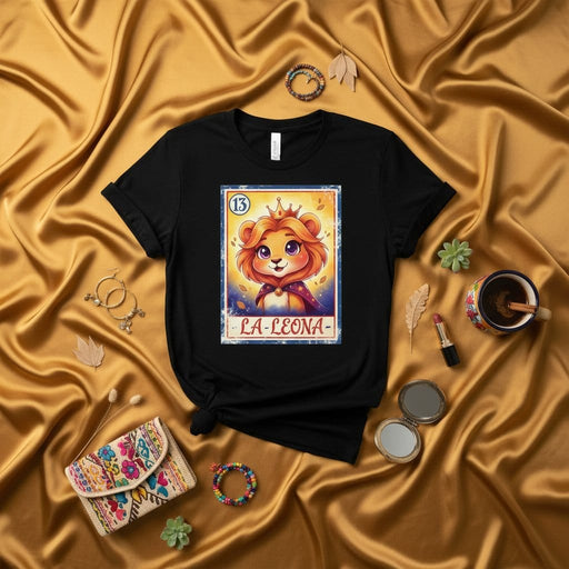LA LEONA Cute Lion Queen Loteria Card T-Shirt, Unisex Graphic Tee, Mexican Bingo Inspired Design, Number 13, Gold Background, Fun Gift Idea Mexicada