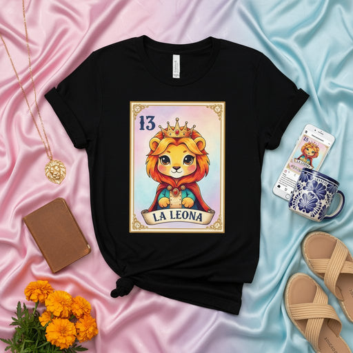 La Leona Cute Lioness Queen Lotería Card T-Shirt, Lucky 13 Tarot Style Mexican Game Shirt, Unisex Graphic Tee, Aesthetic Celestial Lion Zodiac Leo Gift Mexicada