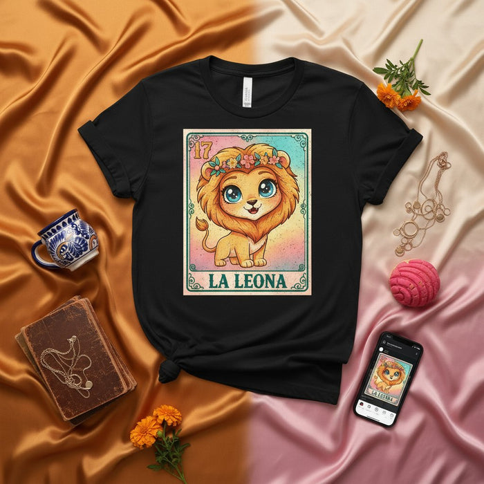 LA LEONA Loteria Card T-Shirt, Cute Cartoon Lion with Flower Crown, Mexican Bingo Game Art, Unisex Graphic Tee Shirt Gift Idea for Women, Men, Kids, and Latino Culture Lovers Mexicada