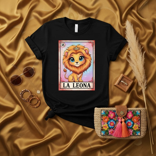 LA LEONA Loteria Card T-Shirt Cute Lioness Crown Tee Women's Men's Unisex Apparel Birthday Gift Idea Mexican Bingo Game Art Shirt for Leo Zodiac Sign Mexicada