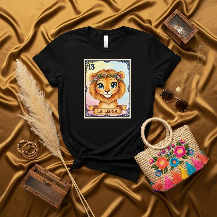 LA LEONA Loteria Card T-Shirt Cute Watercolor Lioness Tee Mexican Bingo Game Apparel Unisex Gift for Her or Him, Number 13, Birthday Zodiac Leo Design Mexicada