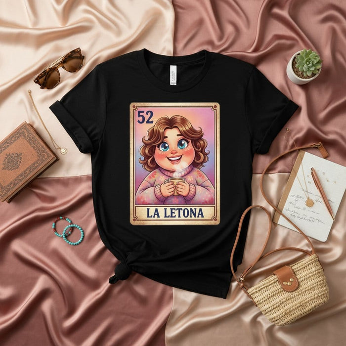 LA LETONA 52 Lotería Card T-Shirt Cute Cartoon Girl Hot Cocoa Sweater Mexican Bingo Game Art Graphic Unisex Tee Gift Mexicada