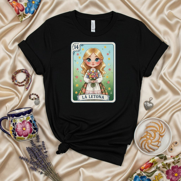 LA LETONA Cute Blonde Girl Flower Bouquet La Lotería Card 14 Softstyle Unisex T-Shirt Gift for Her Mexicada