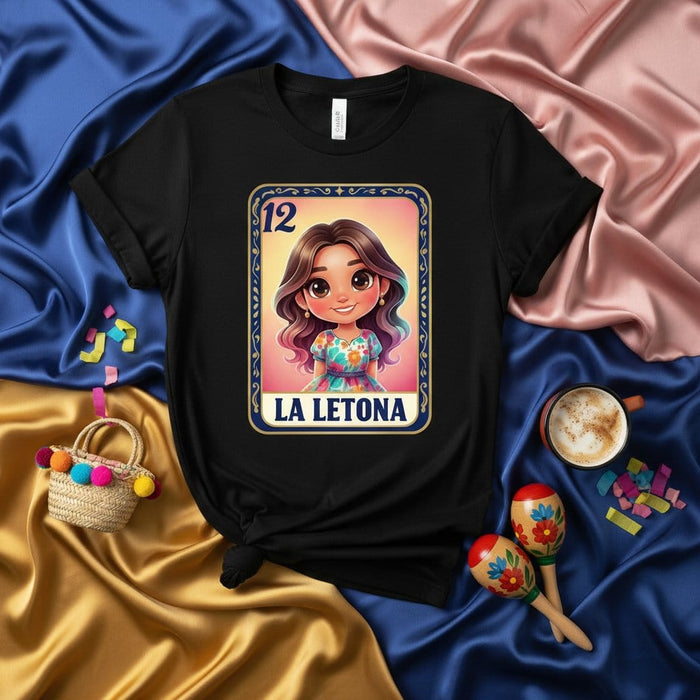 LA LETONA Cute Girl Loteria Card T-Shirt, Mexican Bingo Game Tee, Custom Number 12 Design, Women's Novelty Gift Top Mexicada