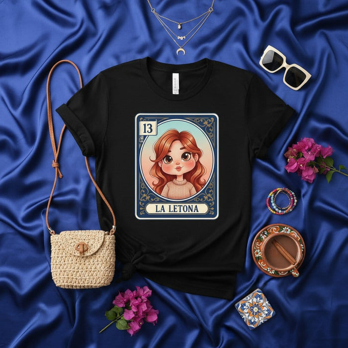 LA LETONA La Loteria Card Cute Redhead Woman Graphic T-Shirt Unisex Mexican Bingo Game Design Black Tee Gift for Her Number 13 Mexicada