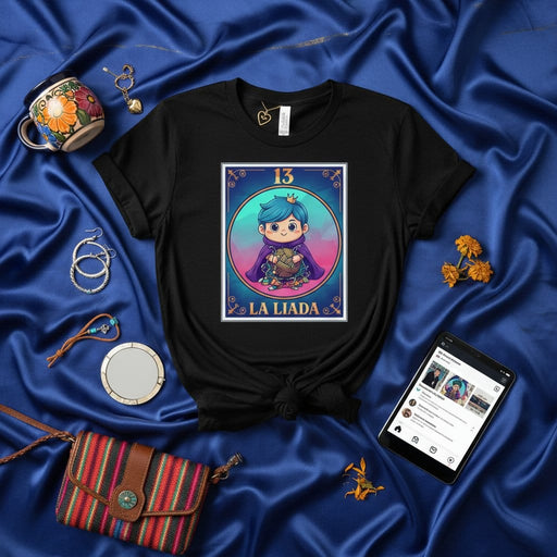 LA LIADA 13 Anime Boy Loteria Card Unisex T-Shirt, Mexican Bingo Game Cute King Design, Traditional Culture Inspired Graphic Tee Mexicada