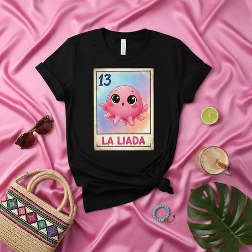LA LIADA Cute Pink Octopus Loteria Card T-Shirt, Unisex Graphic Tee, Mexican Bingo Game Number 13, Funny Sea Animal Pun Gift for Women and Men Mexicada