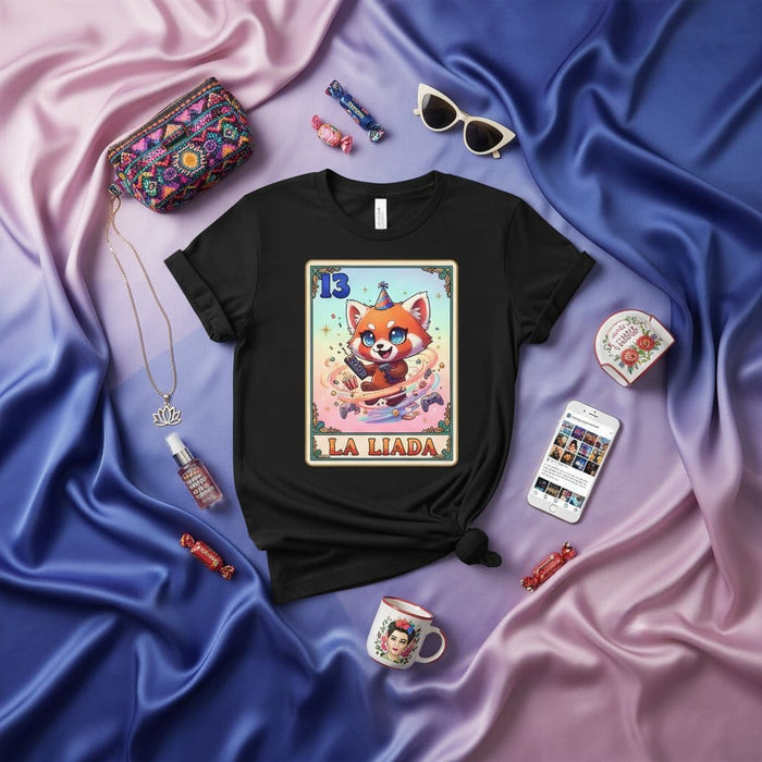 LA LIADA Cute Red Panda Lotería Card 13 Unisex Black T-Shirt Gaming Streamer Birthday Party Tee Gift Idea Mexicada