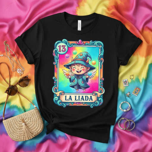 LA LIADA Loteria Card T-Shirt Cute Chibi Wizard Mage Witch Fantasy Game Number 13 Magical Rainbow Tie-Dye Art Graphic Unisex Tee Mexicada