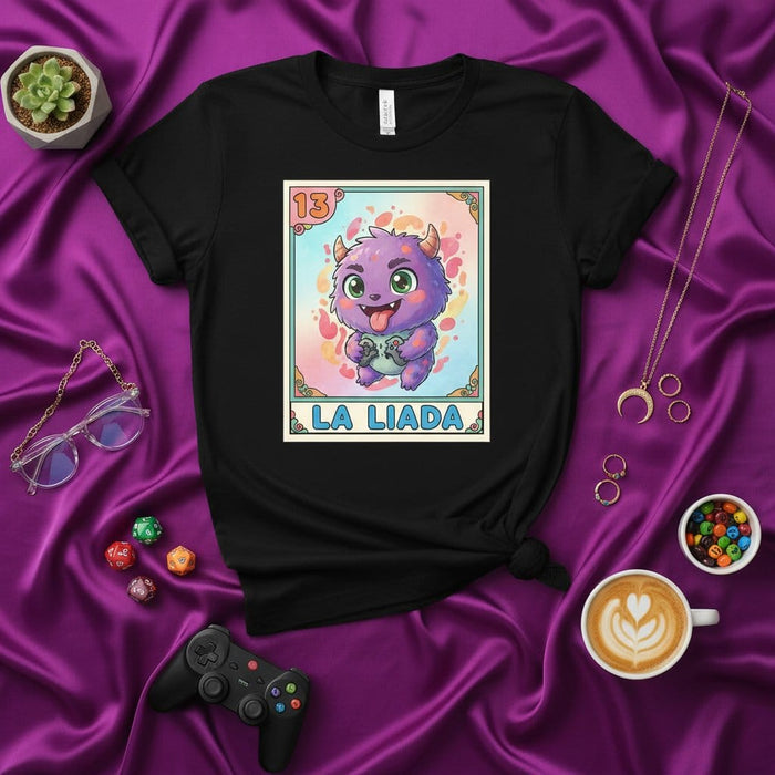 LA LIADA Loteria Card T-Shirt: Cute Purple Monster with Horns Graphic Tee, Funny Mexican Bingo Art Print, Mystical Creature Cartoon Unisex Shirt Gift Mexicada