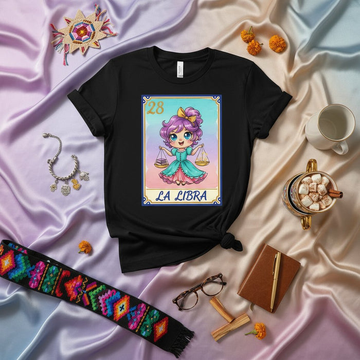 LA LIBRA 28 Lotería Card T-Shirt Cute Kawaii Libra Zodiac Sign Graphic Tee Mexican Bingo Game Day of the Dead Shirt Unisex Gift Idea for Women Men Birthday Astrological Apparel Mexicada