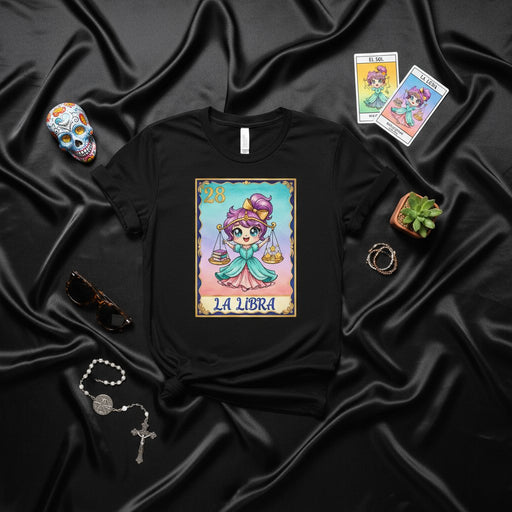 LA LIBRA Zodiac Sign Loteria Card T-Shirt Cute Kawaii Anime Graphic Tee Unisex Celestial Balance Shirt Astrology Gift for Libra Birthday Black Shirt Mexicada