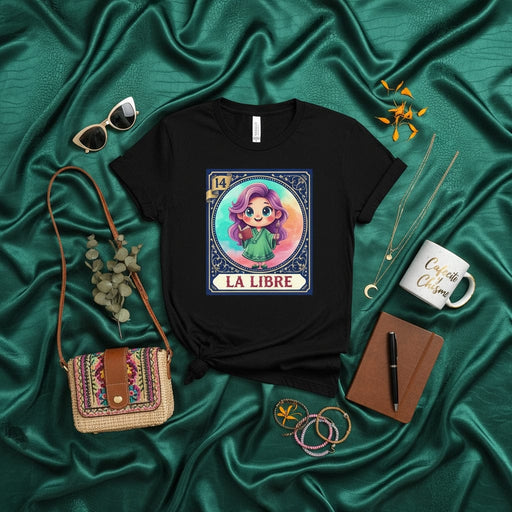 LA LIBRE Cute Chibi Girl Lotería Card 14 Unisex T-Shirt, Mexican Bingo Game Art, Unique Graphic Tee Gift for Women, Kawaii Style Design Black Shirt Mexicada