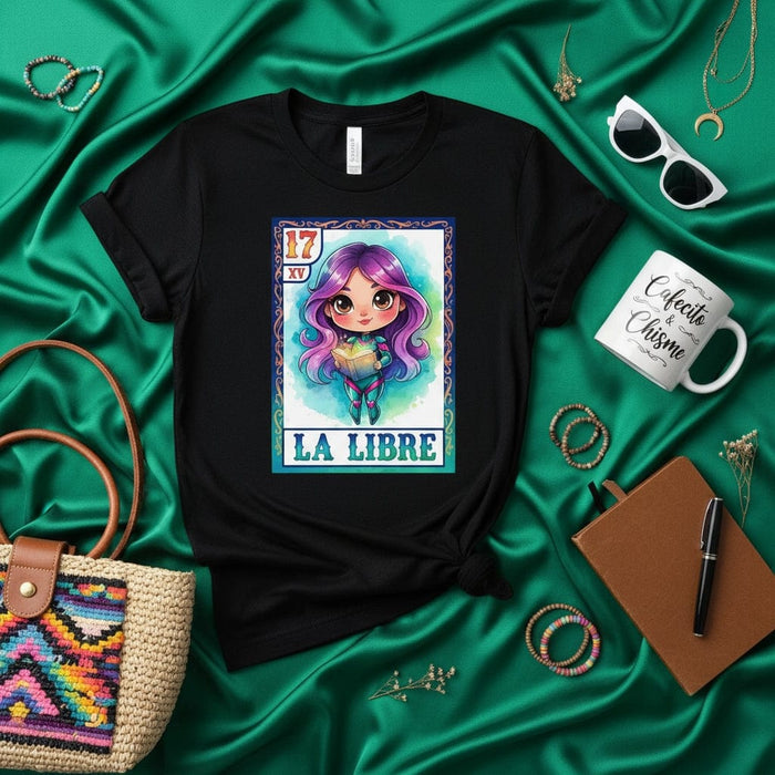 LA LIBRE Cute Chibi Girl Loteria Card T-Shirt, Mexican Bingo Game Inspired Graphic Tee, Purple Hair Book Lover Design, Latina Culture Unisex Shirt Gift Mexicada