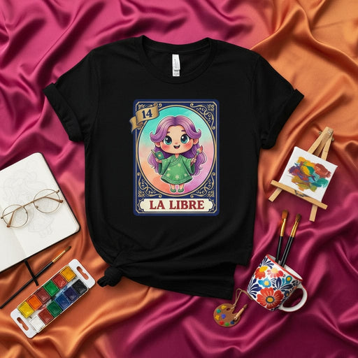 LA LIBRE - Cute Chibi Girl with Purple Hair Lotería Card 14 Graphic Black Unisex T-Shirt - Watercolor Mexican Bingo Game Art Tee Gift for Artists and Astrology Fans Mexicada
