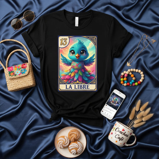 LA LIBRE Lotería Card 13 Cute Blue Bird Feathered Wings Unisex T-Shirt, Mexican Bingo Game Inspired Apparel, Vibrant Rainbow Design Graphic Tee Gift Mexicada
