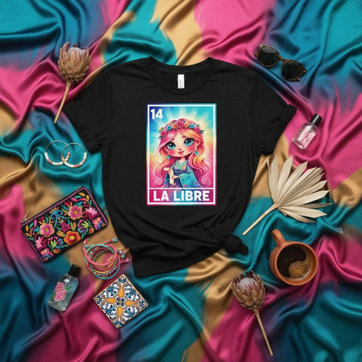 LA LIBRE Mexican Loteria Card Graphic T-Shirt, Boho Festival Fashion, Cute Free Woman Design Tee, Bright Pink & Teal Aesthetic Unisex Shirt Mexicada