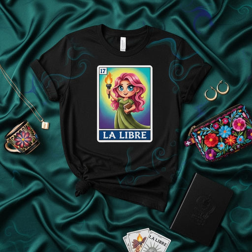 La Libre Modern Loteria Card T-Shirt Cute Cartoon Female Liberty Goddess Torche Graphic Tee Unisex Apparel Mexicada