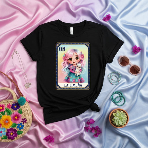 LA LIMEÑA 08 Cute Kawaii Lotería Card T-Shirt, Mexican Bingo Game Inspired, Pastel Pink and Blue Hair Girl Holding a White Puppy Graphic Tee, Unisex Gift for Latinx Culture Fans and Lovers of Cute Art Mexicada