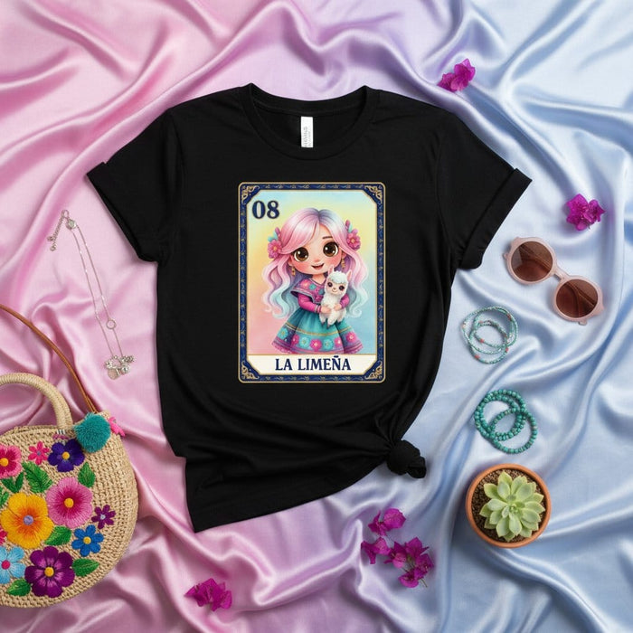 LA LIMEÑA 08 Cute Kawaii Lotería Card T-Shirt, Mexican Bingo Game Inspired, Pastel Pink and Blue Hair Girl Holding a White Puppy Graphic Tee, Unisex Gift for Latinx Culture Fans and Lovers of Cute Art Mexicada