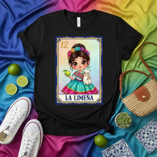 LA LIMEÑA 12 Lotería Card T-Shirt Cute Peruvian Girl with Llama Alpaca and Apple Mexican Bingo Style Graphic Tee Unisex Black Shirt Mexicada
