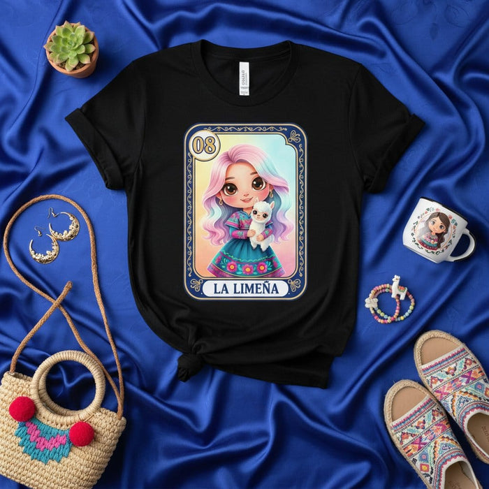 LA LIMEÑA Cute Peruvian Girl with Kitty Cat Loteria Card 08 T-Shirt | Latina Heritage Graphic Tee | Mexican Bingo Style Game Artwork | Numbered Collectible Apparel | Cultural Fashion Gift for Women and Girls Mexicada