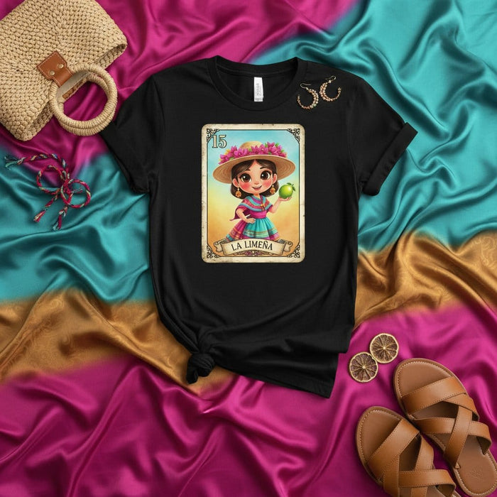 La Limeña Lotería Card T-Shirt, Cute Peruvian Girl Holding Lime, Floral Straw Hat, Mexican Game Inspired Art Print Tee, Unisex Black Shirt, Folkloric Style Mexicada