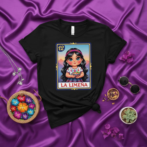 LA LIMEÑA Loteria Card T-Shirt, Mexican Bingo Game Art Tee, Cute Latina Girl Graphic Print, Black Unisex Shirt, Number 12 Design Gift Mexicada