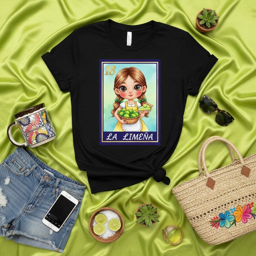 LA LIMEÑA Loteria Card T-Shirt, Mexican Bingo Game Inspired Design, Cute Girl with Limes Graphic Tee, Women's Novelty Shirt, Unisex Apparel, Latinx Culture Clothing Gift Idea Mexicada