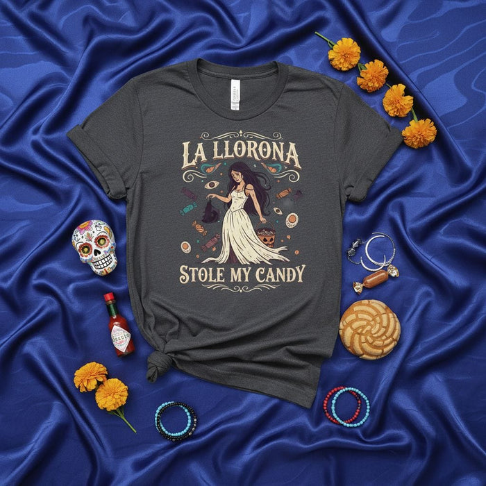 La Llorona Stole My Candy Spooky Season Halloween T-Shirt, Funny Dia de Muertos Folkloric Ghost Legend Graphic Tee, Unisex Dark Gray Shirt with Sugar Skulls and Marigolds Design Mexicada