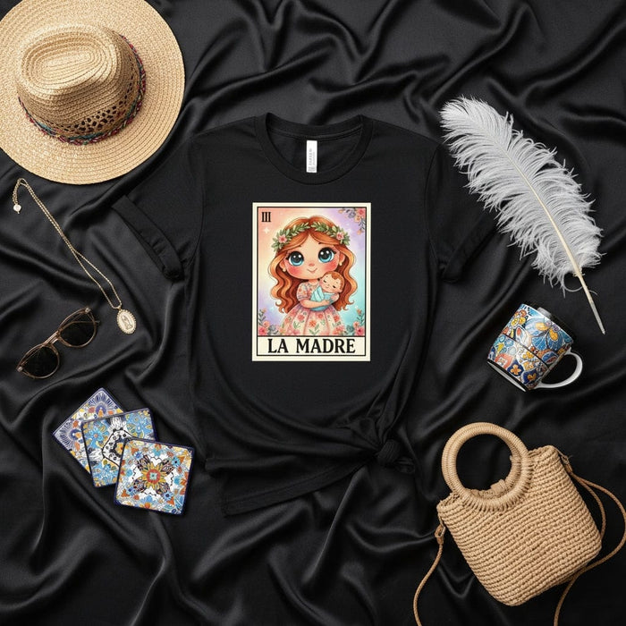 LA MADRE Cute Loteria Card T-Shirt, Mother's Day Gift for Mom, Floral Crown Mama, Baby Shower Gift, Mexican Bingo Inspired Graphic Tee, Number 3 Motherhood Shirt Mexicada