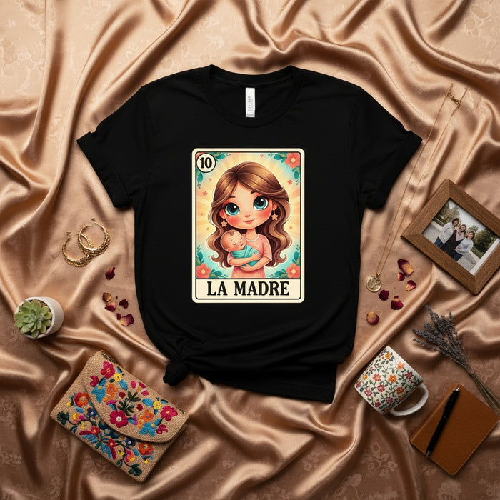 LA MADRE Loteria Card T-Shirt, Cute Cartoon Mother's Day Gift Tee, Spanish Bingo Style Shirt, Mexican Culture Mom Graphic Top, Mother Holding Baby Apparel Mexicada