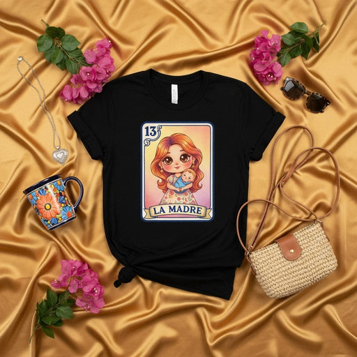 La Madre Loteria Card T-Shirt, Cute Mama & Baby Mother's Day Gift Tee, Mexican Bingo Game Design, Cartoon Art Unisex Black Shirt Mexicada
