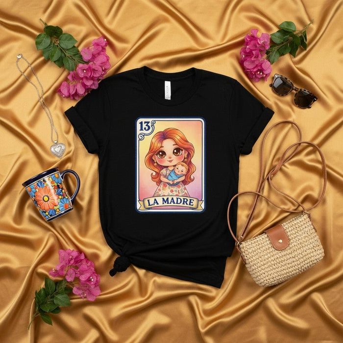 La Madre Loteria Card T-Shirt, Cute Mama & Baby Mother's Day Gift Tee, Mexican Bingo Game Design, Cartoon Art Unisex Black Shirt Mexicada