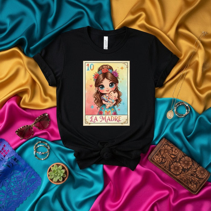 La Madre Lotería Card T-Shirt Cute Mother's Day Gift for Mom, Latina Boho Style Unisex Tee, Mexican Bingo Game Art Shirt, Baby Shower Present for New Mother, Colorful Design Graphic Top Mexicada