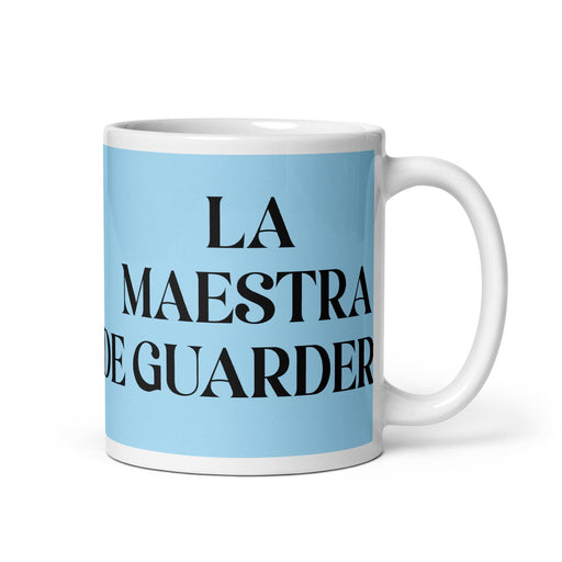 La Maestra De Guardería The Daycare Teacher Funny Home Office Work Coffee Mug Mexican Spanish Pride Gift White Glossy Cup Sky Blue Card Mug Mexicada 11 oz
