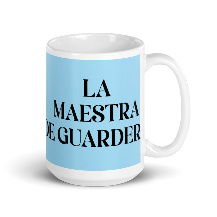 La Maestra De Guardería The Daycare Teacher Funny Home Office Work Coffee Mug Mexican Spanish Pride Gift White Glossy Cup Sky Blue Card Mug Mexicada 15 oz