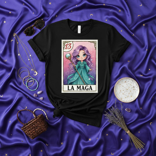 LA MAGA Loteria Card T-Shirt Cute Anime Style Witch Mystical Design Unisex Tee Gift for Tarot Lovers and Magician Enthusiasts Mexicada